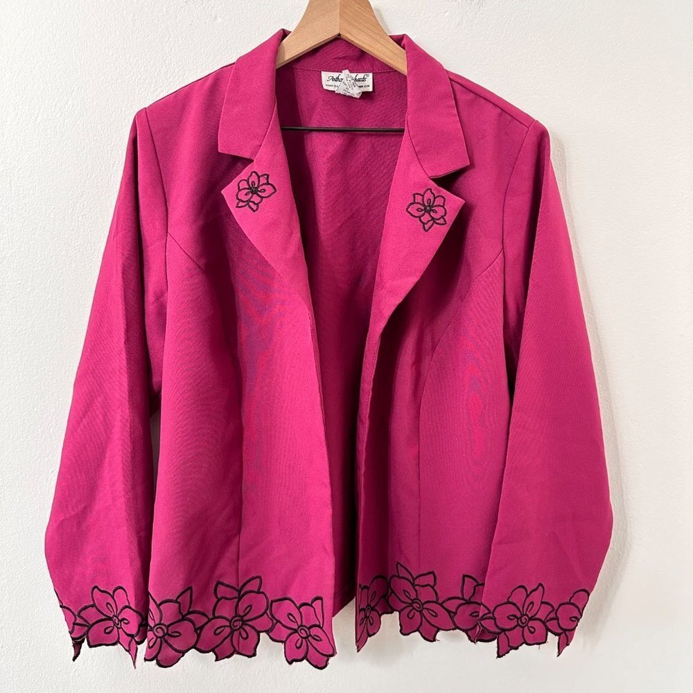 Anthony Richards Purple Open Front Floral Embroidery Hem Blazer Women Size 18P